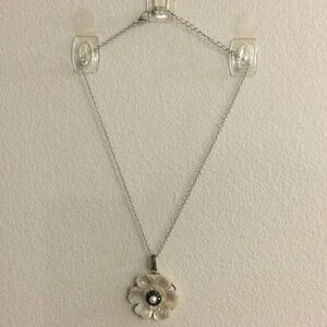 2/$15 Item 7 Necklace 18 in silver tone chain large faux pearl flower pendant